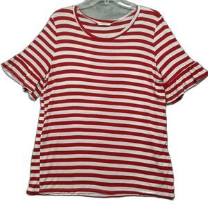 Promesa Women Red White Striped Jersey Knit Tee Ruffle Short Sleeve Top Size L